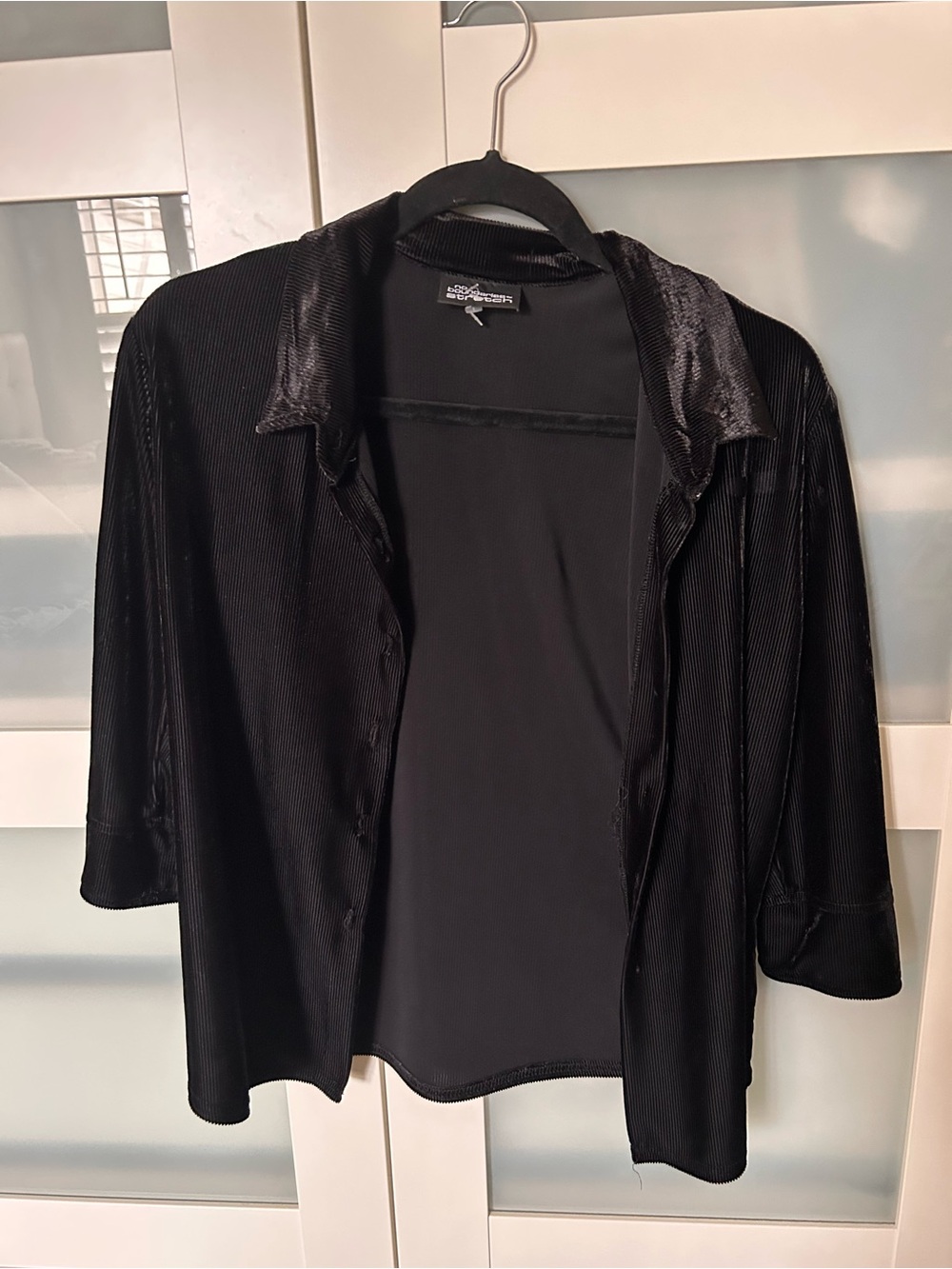 Black Satin-Collar Button Front Blouse